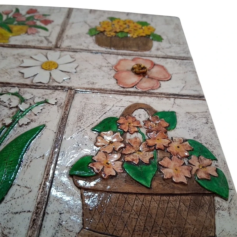 Vtg Shabby Chic Unique  Handmade Flower Wall Hanging Rope Trim 10x10 Signed 1978